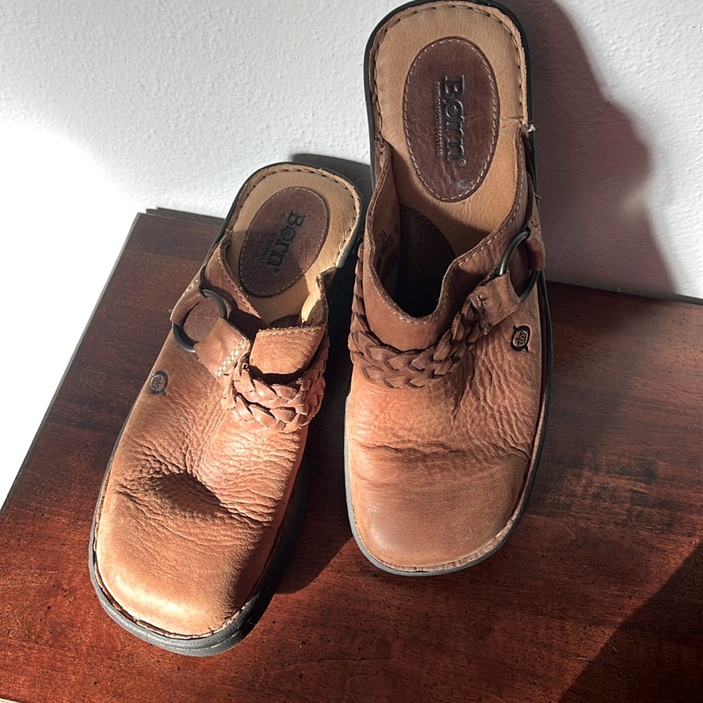 Born Leather Mule Clog Platform Wedge Shoe in Brown Size 8
